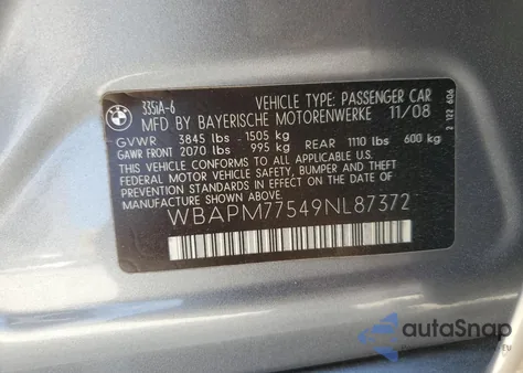 2009 BMW 335 I from USA, damaged, VIN WBAPM77549NL87372